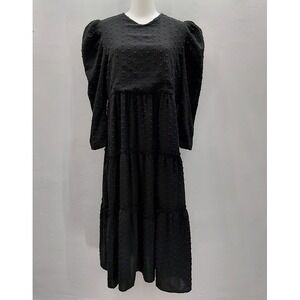 Ava & Lu Swiss Dot Tiered Midi Dress Women's XL Black Puff Sleeve Babydoll Goth